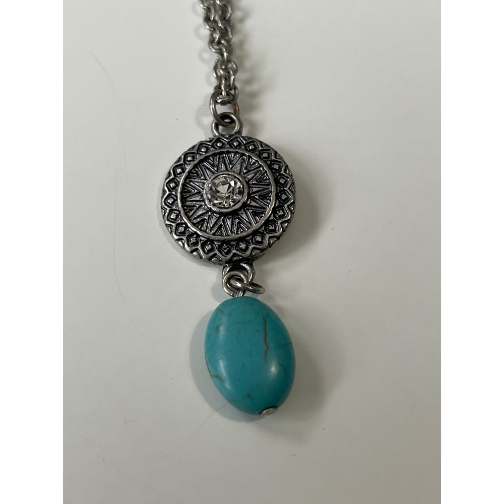 Boho Silver Tone Sunburst Medallion Faux Turquoise Teardrop Pendant Necklace